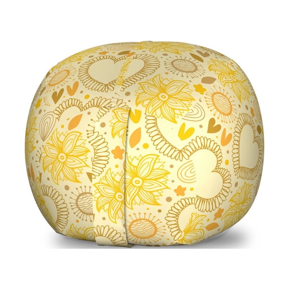 Yellow Storage Toy Bag Chair, Doodle Style Composition with Hearts and Flowers Romantic Valentines Day, Stuffed Animal Organizer Washable Bag, Small Size, Multicolor, by Ambesonne