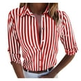 thumbnail image 2 of XIAQUJ Women Fashion Flat Sleeve Button Striped Print Long Sleeve Casual Blouse Top Red L, 2 of 7