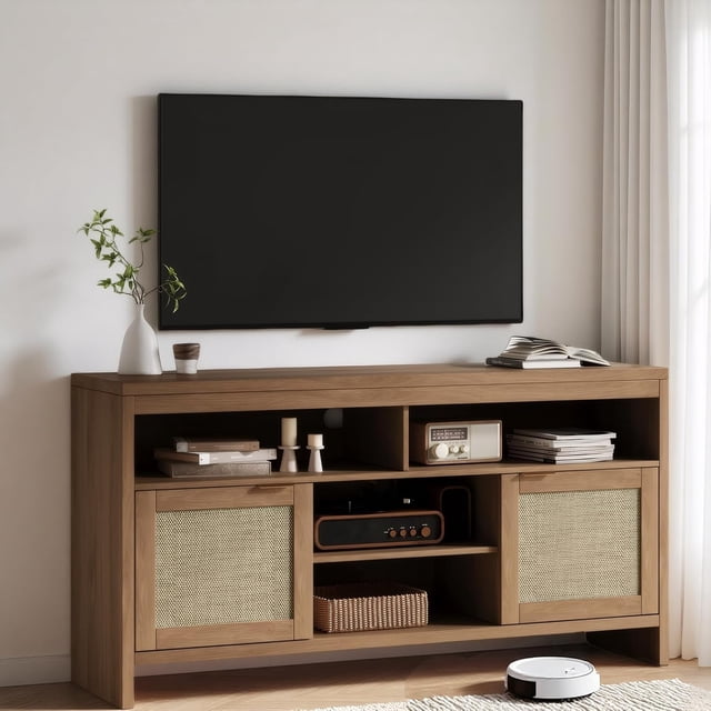 Eastvita Boho - Style TV Stand for TVs up to 65 Inches (58-Inch). Modern Rattan Entertainment Center with Key Features (Oak)