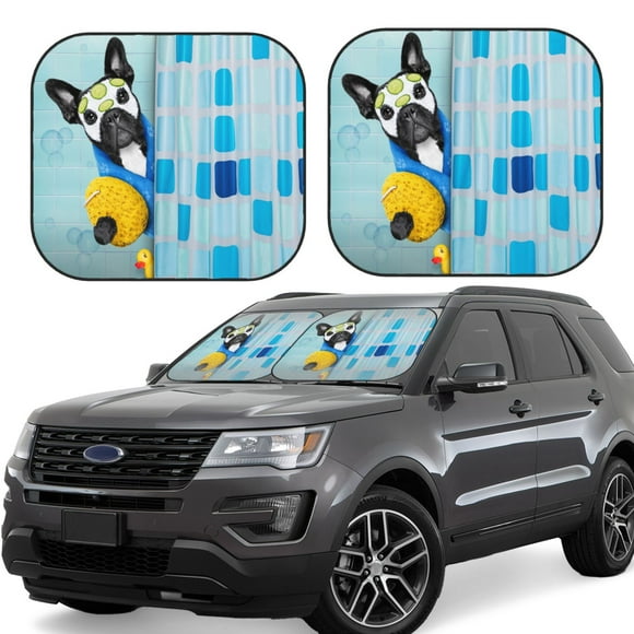 Fotbe Chien Bouledogue Français dans une Baignoire 2 Pcs Pare-Soleil / Bloqueur de Soleil pour Pare-Brise de Voiture / Accessoires Intérieurs Automobiles Pliables pour Protection Solaire - Grand