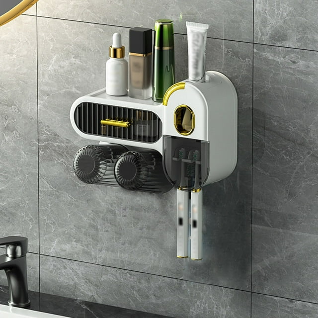 Dvkptbk Wall Mounted Bathroom Rack Toothbrush for Bathroom, Wall Mounted Toothbrush with Toothpaste Dispenser, with Toothbrush Cup, Tray Bathroom Toothbrush Toothpaste Dispenser Bath