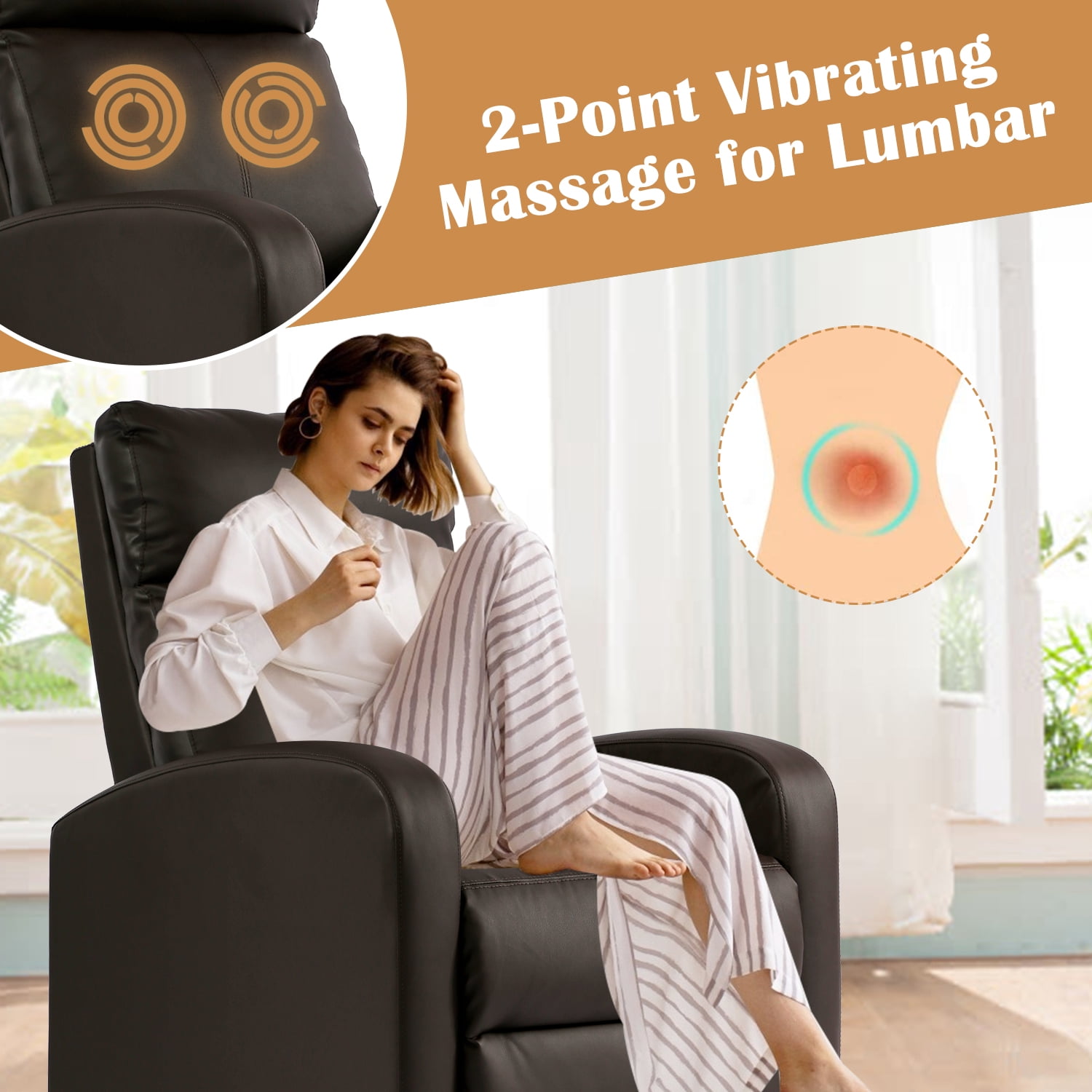Massage Recliner Chair Single Sofa Recliner, High- Quality PU Leather Padded Seat for Living Room Modern Recliner Seat Club Chair Home Theater Seating, Brown