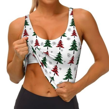 Qokaie Buffalo Plaid Christmas Trees Pattern Womens Scoop Neck Sports Bra Breathable Workout Vest Padded U Back Medium Impact Fitness Gym Yoga Bra Workout Crop Top