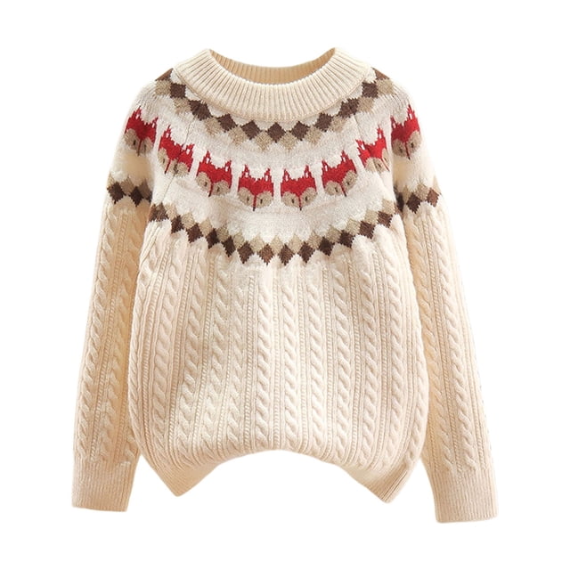 TIEVOSA Winter Thick Sweater Bulky Yarn Flower Loose Children's Sweater(Beige)
