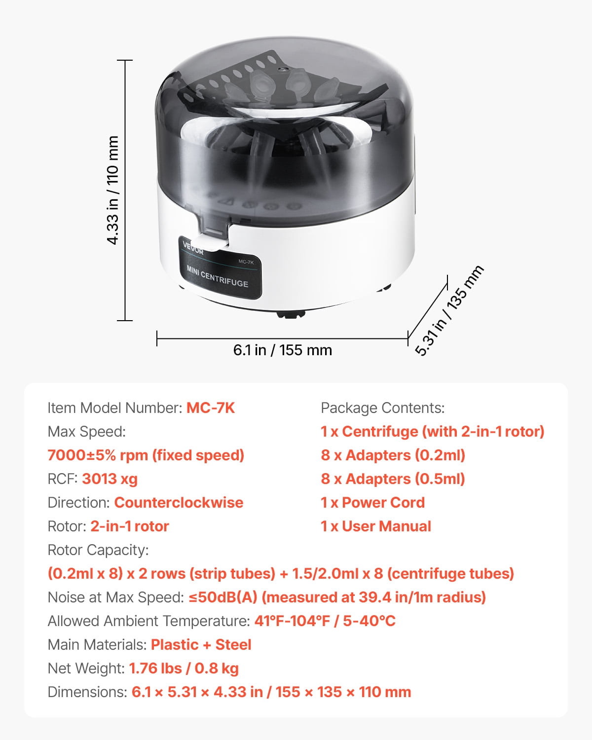 VEVOR Mini Centrifuge Machine, 3013xg RCF Electric Laboratory Centrifuge Machine with 2-in-1 Rotor for 0.2/1.5/2ml Tube Capacity, Fixed Speed 7000r/min, Low Noise, Widely Used in Various Experiments