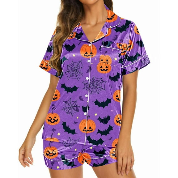 AHTJRT Hallowen Two Piece Pajamas Sets Cute Ghost Pumpkin Printed Fall Short Sleeve Button Down Graphic Shirts and Elastic Waist Shorts Holiday Loungewear Outfit Clothes Mulitcolor#01 XL