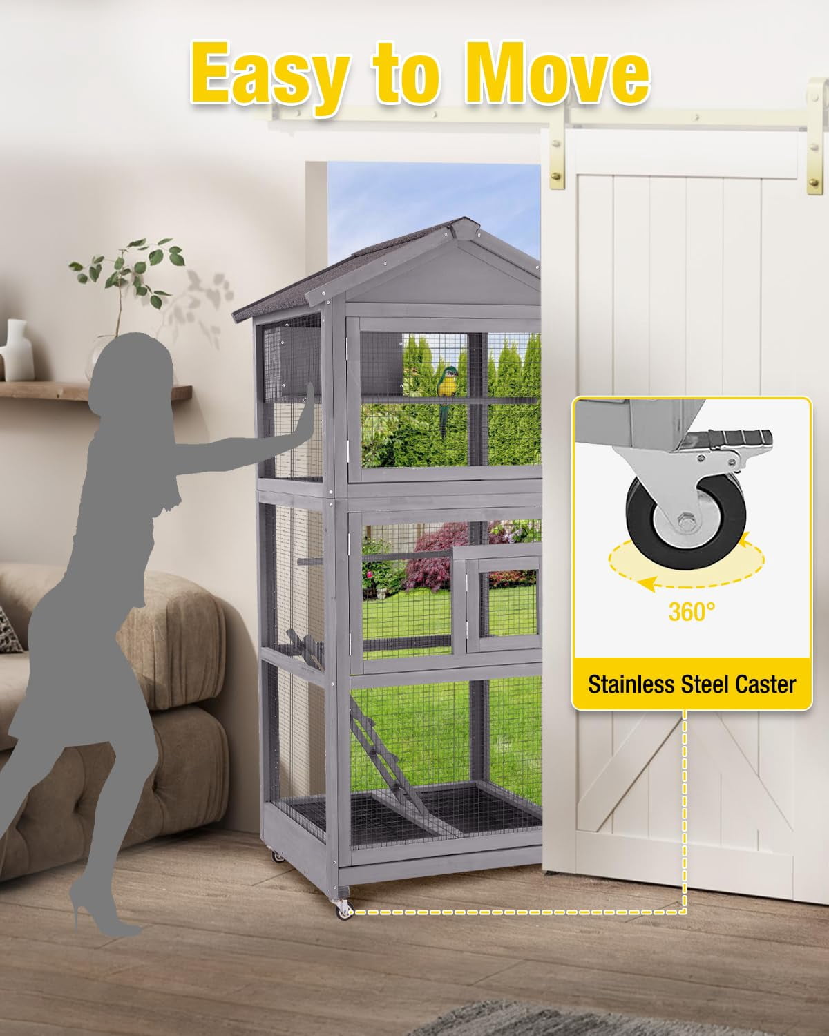 Aivituvin Wooden Large Bird Cage with Wheels – Mobile Outdoor Aviary with Play Stand, Perches & Nest, Easy-Clean Mesh Design