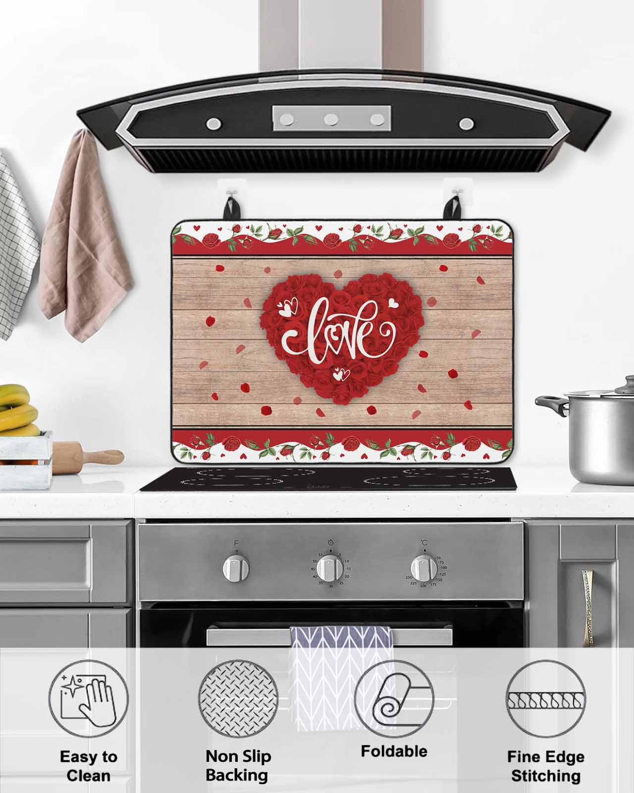 Large Induction Cooktop Protector Mat Valentine's Day Stove Top Covers for Electric Stove, Red Love Heart Roses Romantic Vintage Decorative Stove Burner Cover Mats, Glass Top Stove Cover