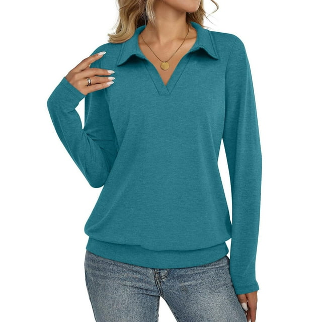 HongQid Womens Knit Shirts Long Sleeve Banded Bottom Tops Business Casual Tops Collared V Neck Blouses