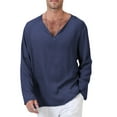 thumbnail image 1 of Sunloudy Men Long Sleeve T-Shirts Solid Color V-Neck Ethnic Style Tops Spring Fall Fashion Casual Loose Shirts, 1 of 6
