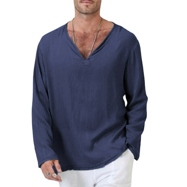 Sunloudy Men Long Sleeve T-Shirts Solid Color V-Neck Ethnic Style Tops Spring Fall Fashion Casual Loose Shirts