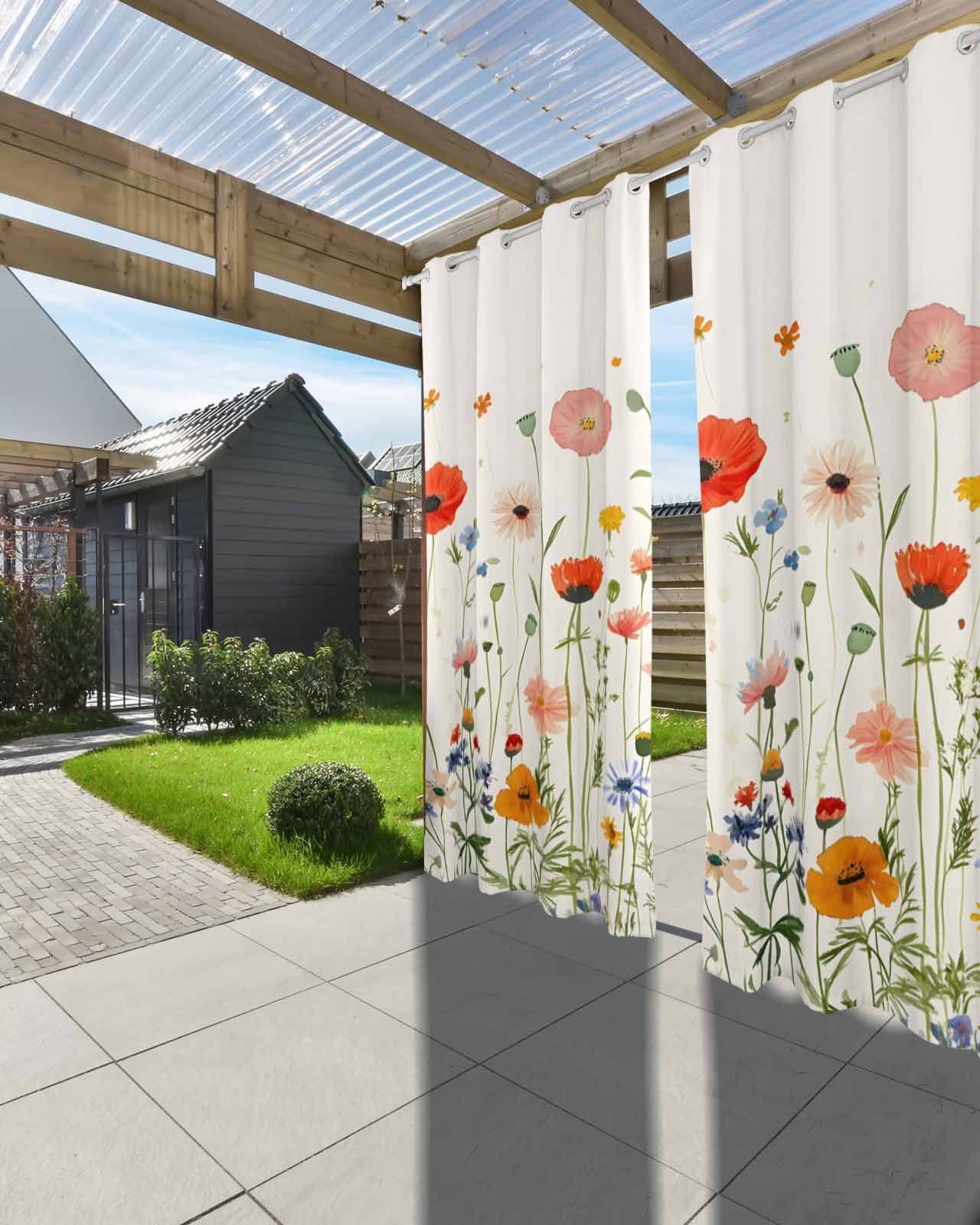 Spring Flower Outdoor Curtains for Patio, Rustic Watercolor Colorful Floral Green Leaf Plant Linen Texture Waterproof Weatherproof Outside Privacy Curtains Outdoor Drapes 54x108 Inch, 1 Panel