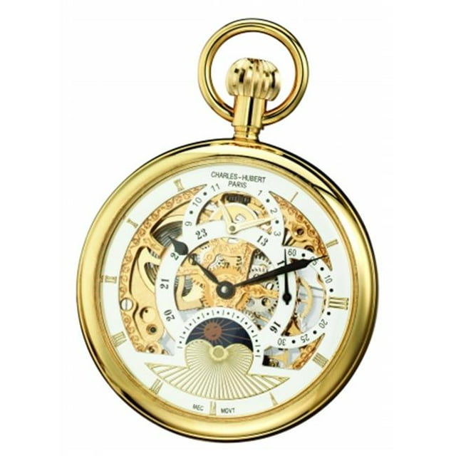 Charles-Hubert- Paris Stainless Steel Gold-Plated Mechanical Open Face Dual Time Zone Pocket Watch #