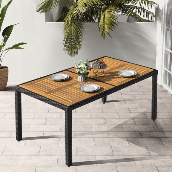 Nuu Garden Outdoor Dining Table for 6, 59" x 35" Outdoor Patio Table with Acacia Wood Slatted Tabletop, All Weather PE Rattan-Wrapped Metal Frame, Outdoor Dining Table for Lawn Backyard Garden, Black