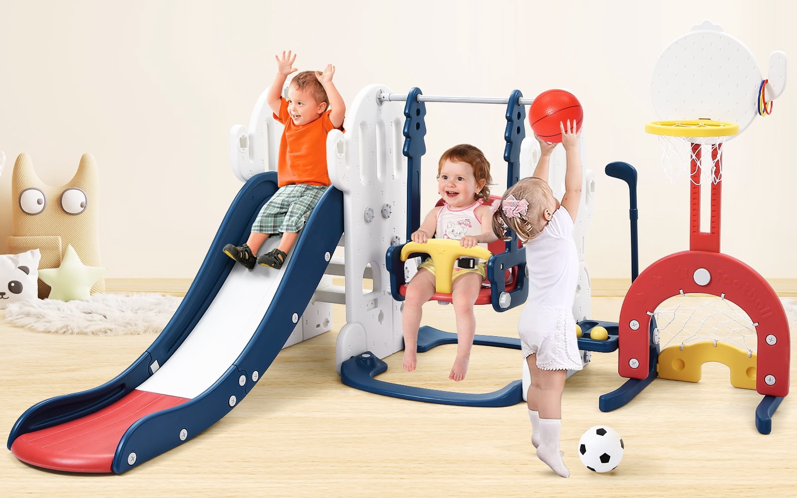 Toddler Slide and Swing Set,7-in-1 Toddler Slide and Swing Set, Indoor Outdoor Playset with Adjustable Swing, Basketball Hoop,Baby Freestanding Climber Playset for Boys Girls Ages 1-3