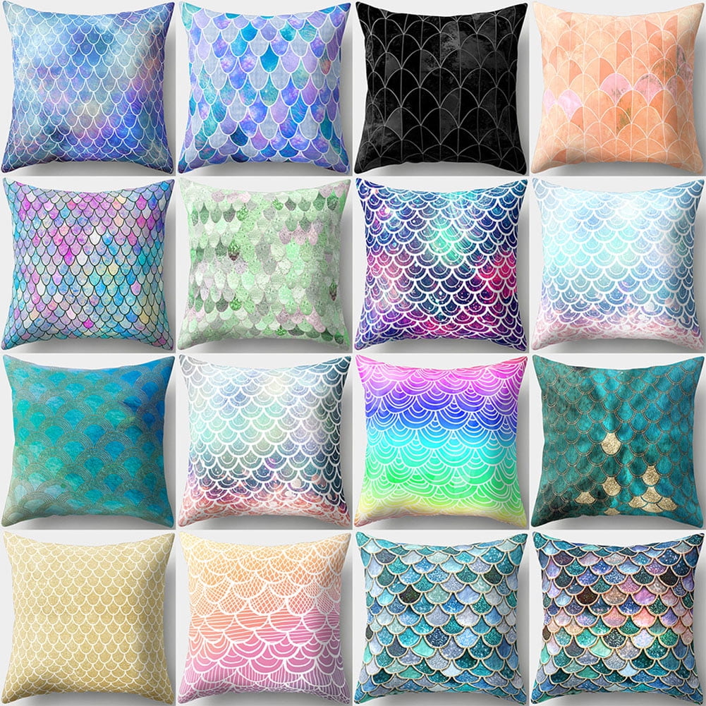 Home Pillow Mermaid Cover Scales Sofa 18'' Throw Cushion Fish Decorative Case 