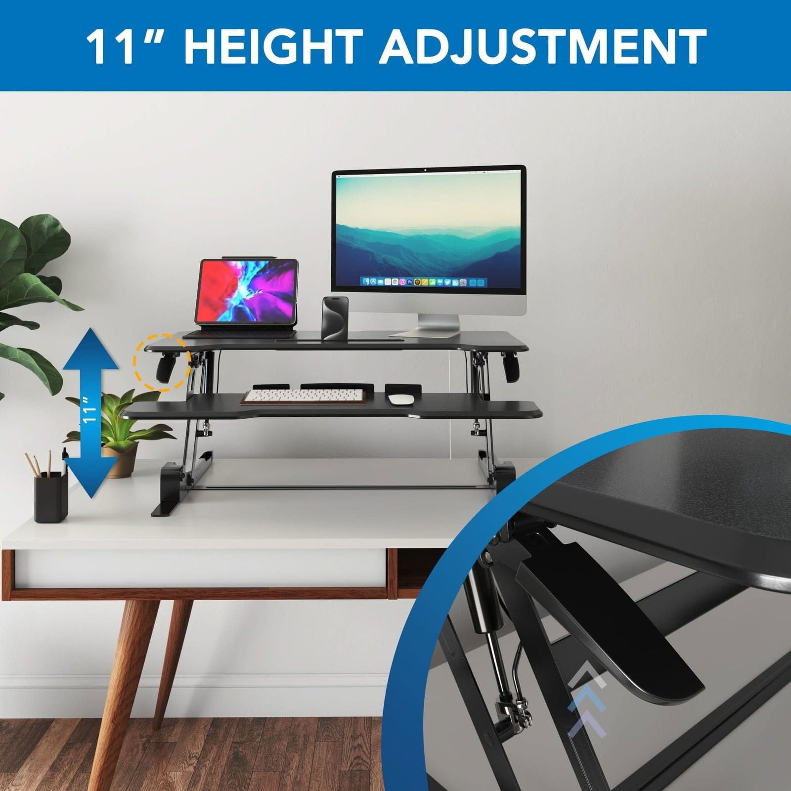Mount-It! 38'' Standing Desk Converter – Height Adjustable Sit Stand Riser with Dual Monitor Space, Keyboard Tray & Device Slot – Gas Spring Lift, MDF Desktop, Black