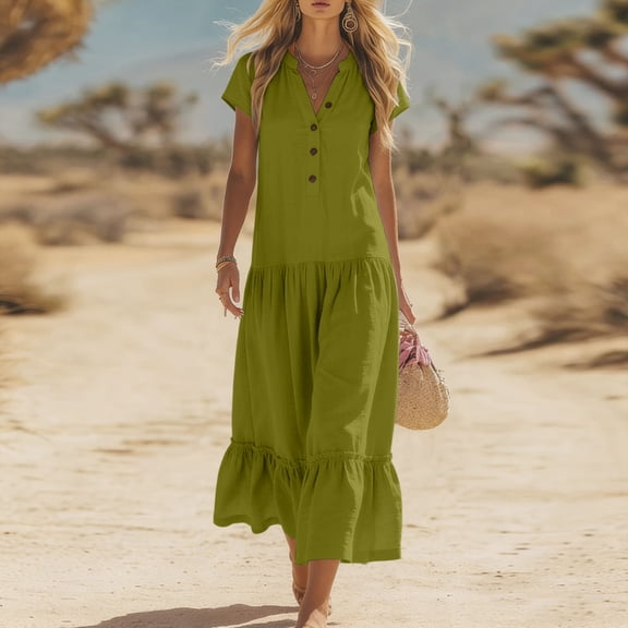 ClodeEU Women's V Neck Short Sleeve Tiered Midi Dress,Casual A Line Flowy Dress Green,Women's Plus L