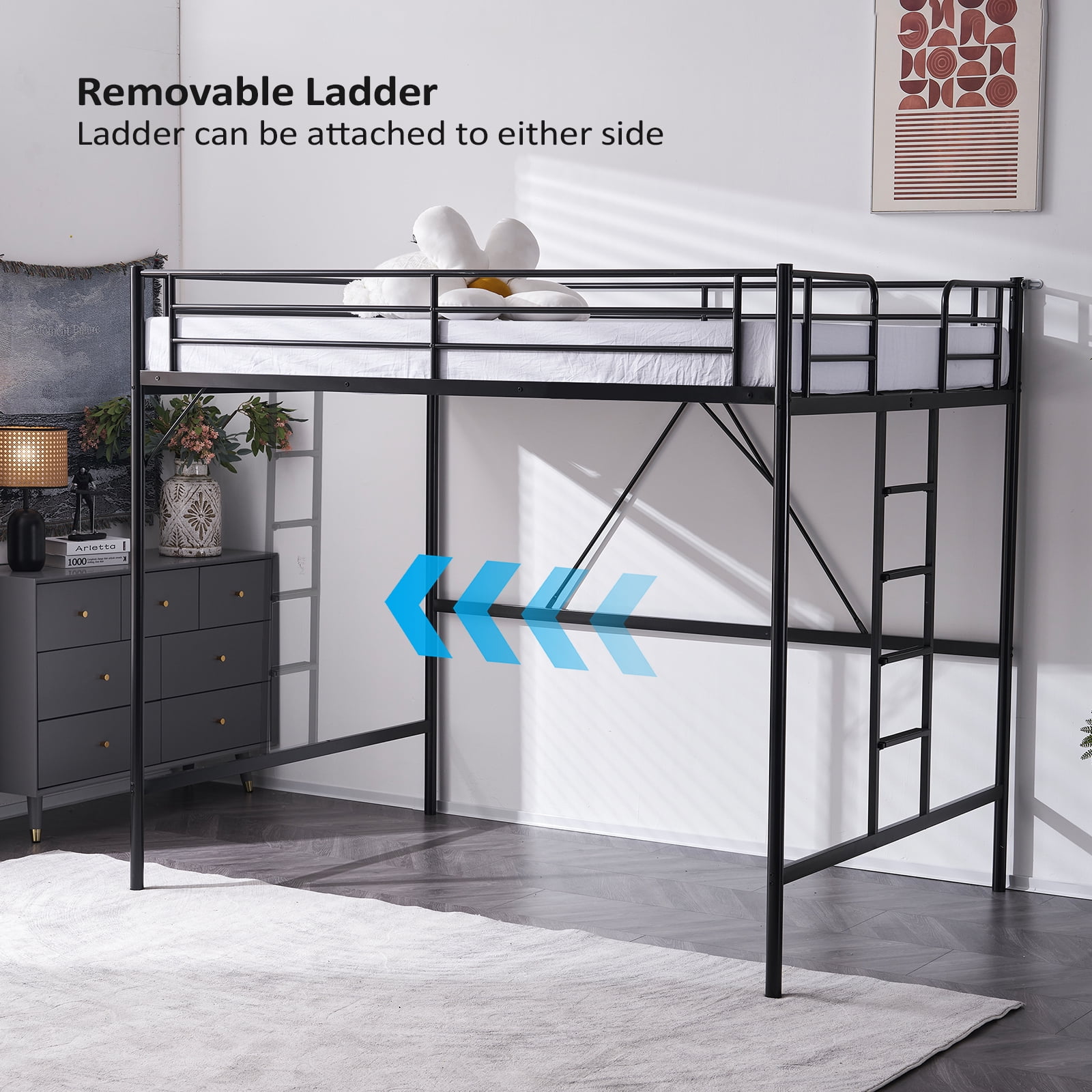 Ktaxon Loft Bed Full Size with Flat Rungs, No Box Spring Required,Heavy Duty Metal Slat Support,Black