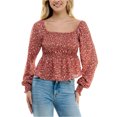 thumbnail image 1 of Ultra Flirt Womens Smocked Peplum Baby Doll Blouse, brown, Juniors, M, 1 of 1