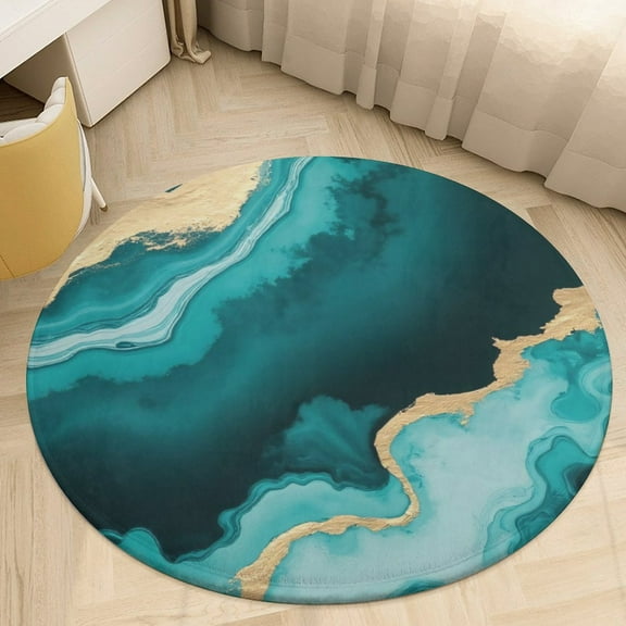 Marble Teal Gold Abstract Round Area Rugs for Bedroom Living Room, 4FT Soft Comfy Indoor Circle Carpets, Floor Mat