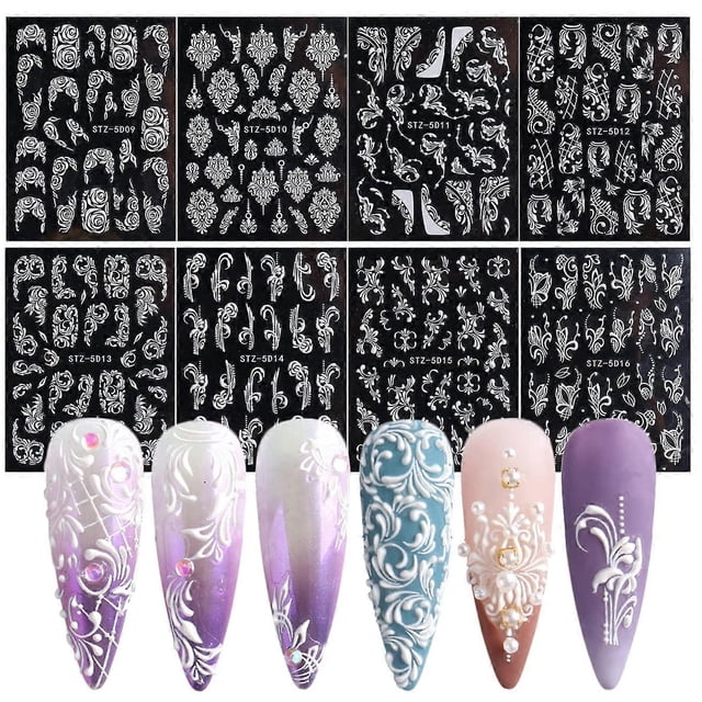 French Nail Art Sticker Decals 5D Embossed French Pattern Roses White Nail Art Accessories Self-Adhesive Nail Art Supplies Decoration Retro Classic Ac