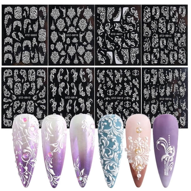 French Nail Art Sticker Decals 5D Embossed French Pattern Roses White Nail Art Accessories Self-Adhesive Nail Art Supplies Decoration Retro Classic Ac