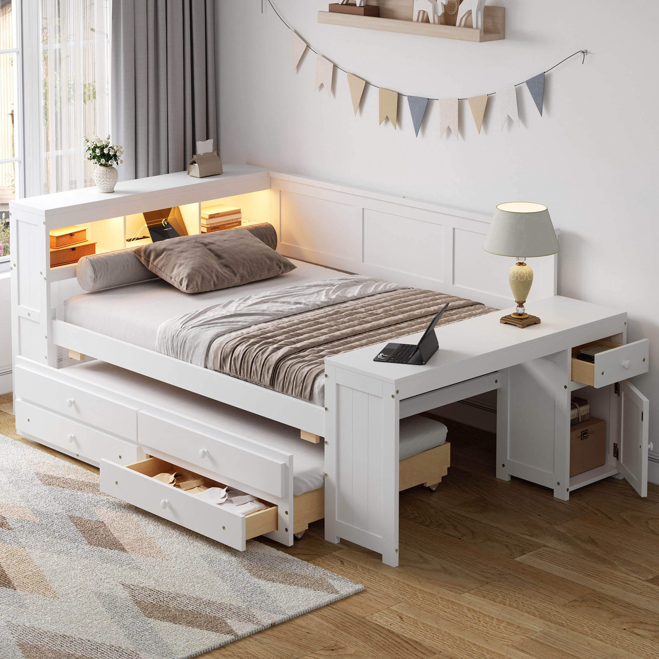 Noble House Maud Full Daybed with Trundle, Storage Shelves, Drawers, Charging Station, LED Light, Built-in Desk, White