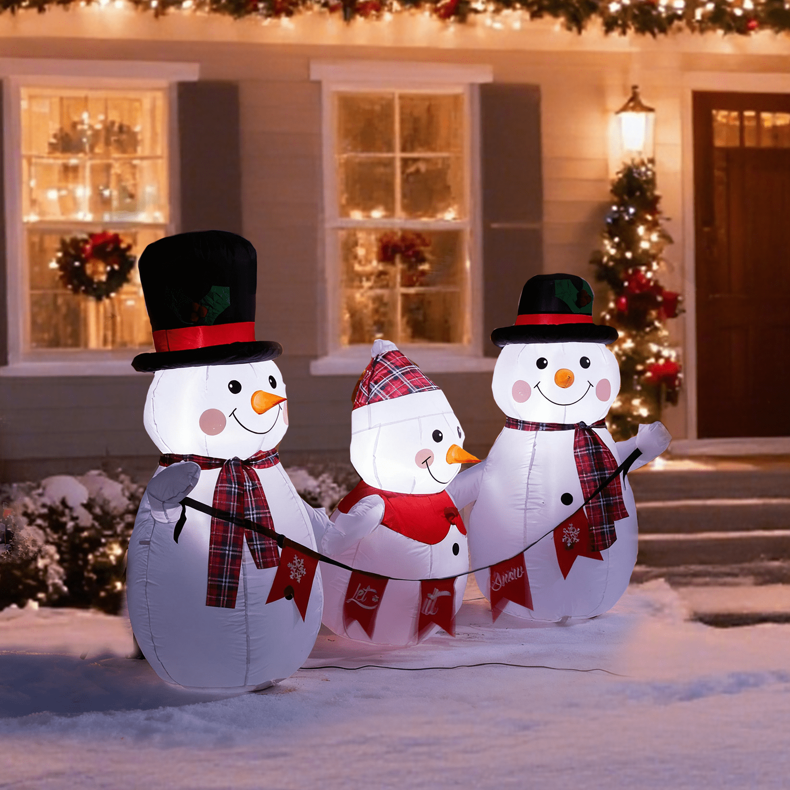 Astoutdoor Lighted Christmas Inflatable Decoration, Snowman Family with Bunting, Built-in LED Lights, 72.8 x 29.5 x 49.2 in