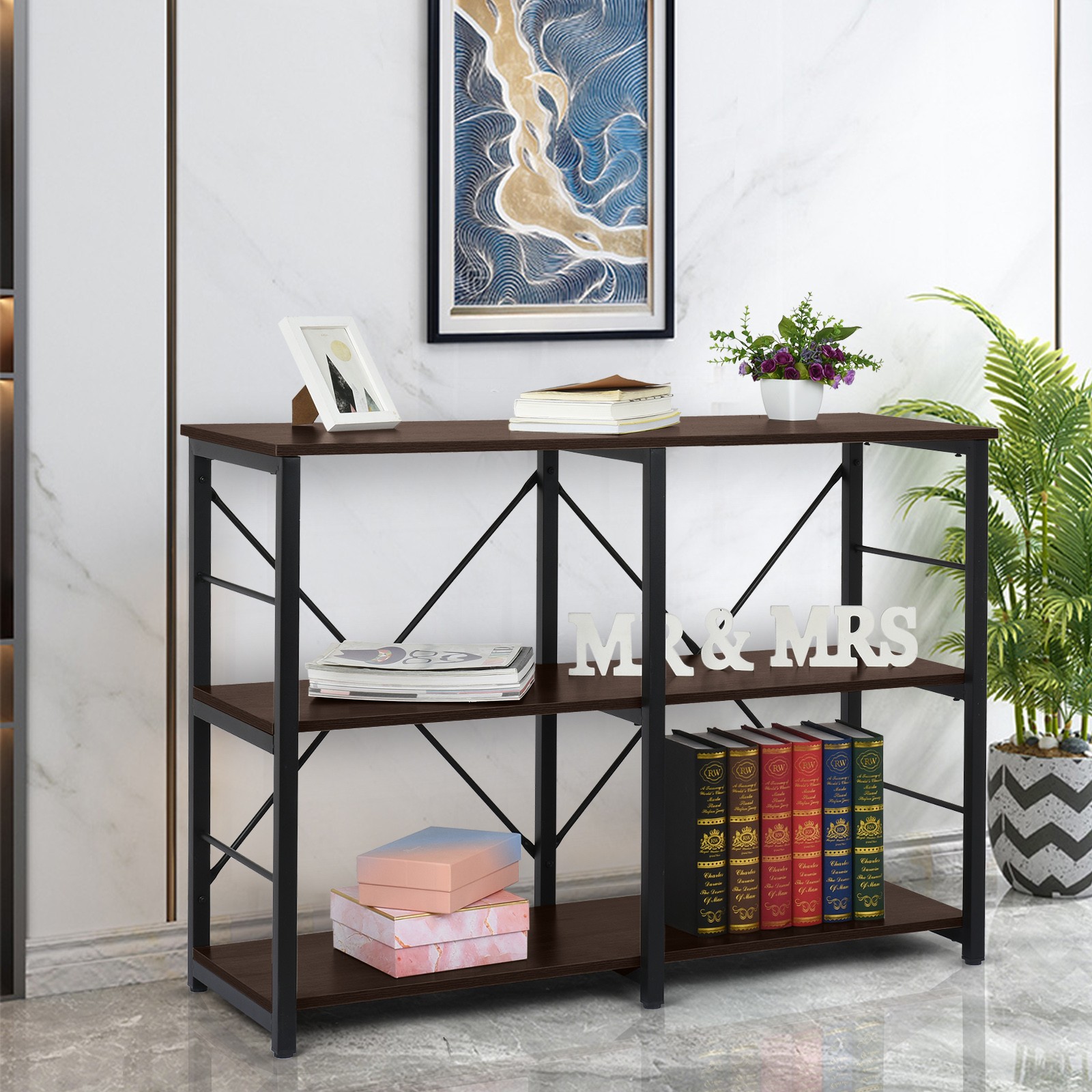 Industrial Entryway Table Sofa Table with 2 Shelves 107x40x75cm Console Table 