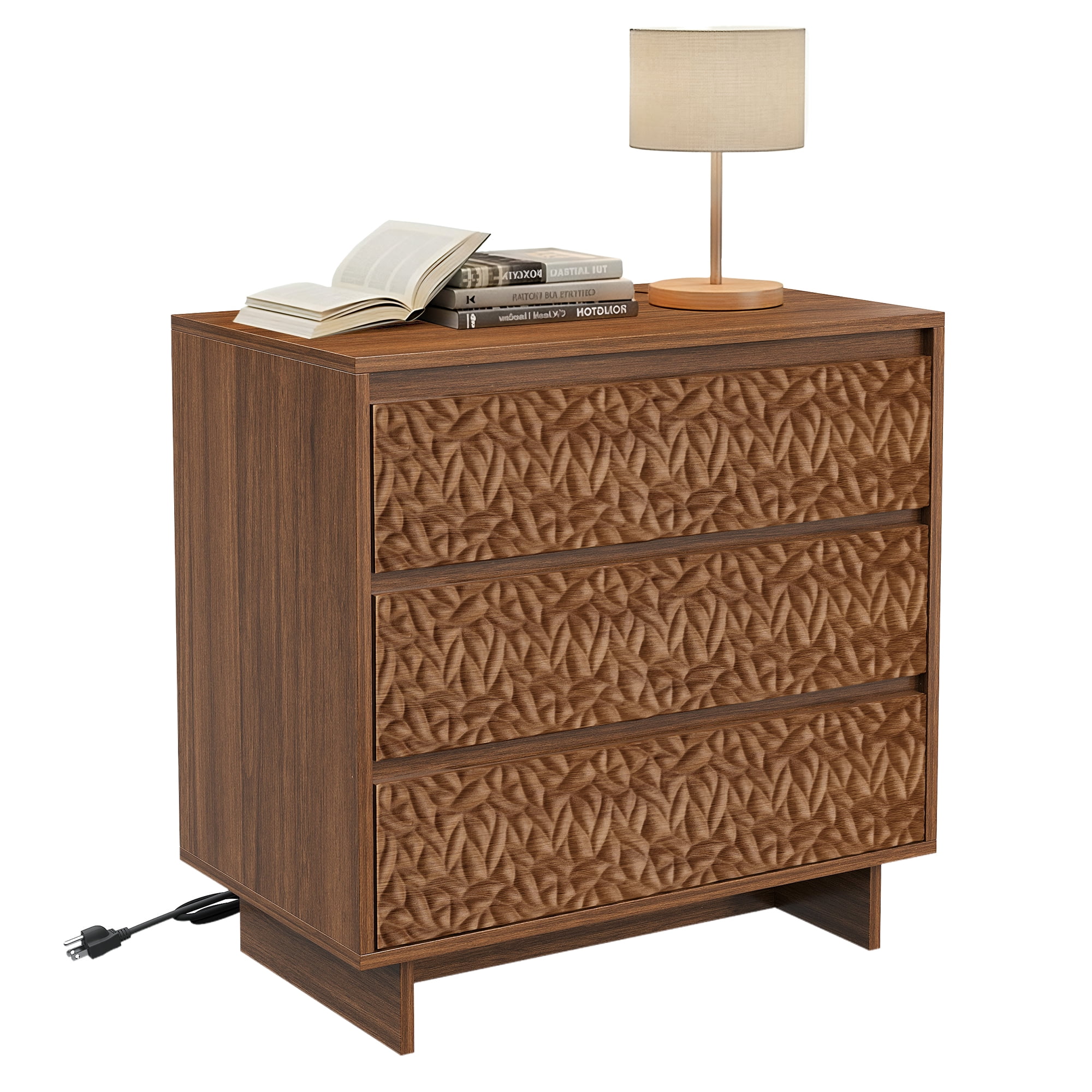 MOONMISS 3 Drawers Nightstand with Charging Station, Wood Night Stand with Waterproof Table Top for Bedroom, Livingroom, Dark Walnut