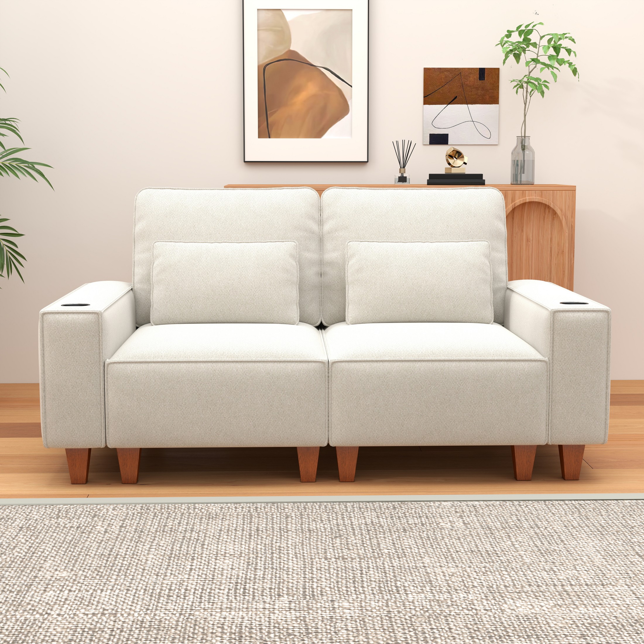 BSHTI Chenille Deep Seat 2-Seater Sofa with Brushed Stainless Steel Cup Holders and 2 Decorative Pillows – Modern Cozy Loveseat for Living Room