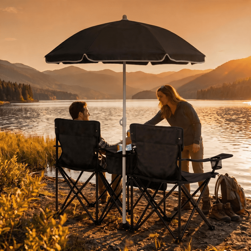 Portable Folding Picnic Chair Set with Umbrella,2-Person Outdoor Camping Chairs with Cup Holders & Cooler Bag, Adjustable Sun Canopy, Heavy Duty Beach Chairs for Patio, Backyard, Travel, Black