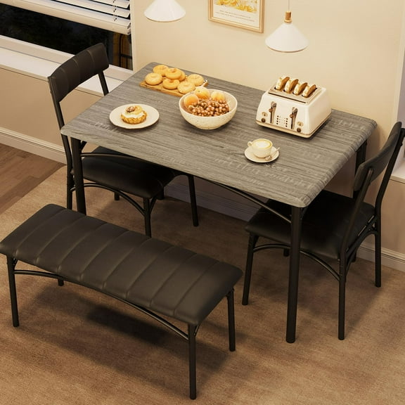 Dining Table Set for 4, Kitchen Table with Upholstered Bench and 2 Chairs, Kitchen Table and Chairs Set, for Small Space, Apartment, Home, Kitchen, Retro Gray