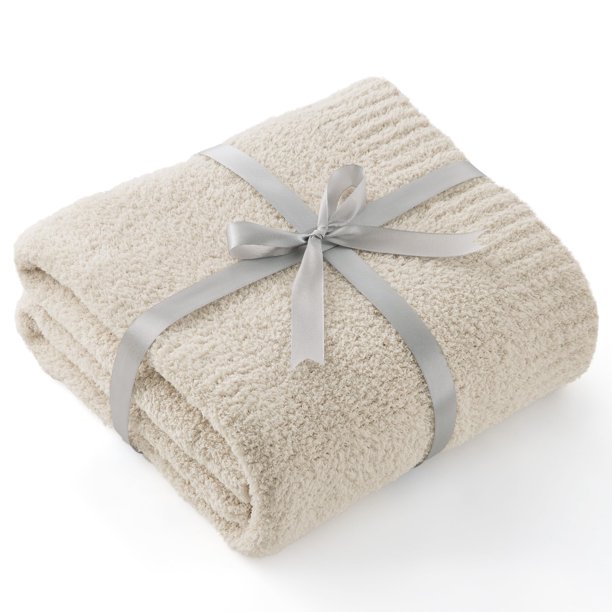 Manta de cama tejida supersuave de 130 x 150 cm, color beige