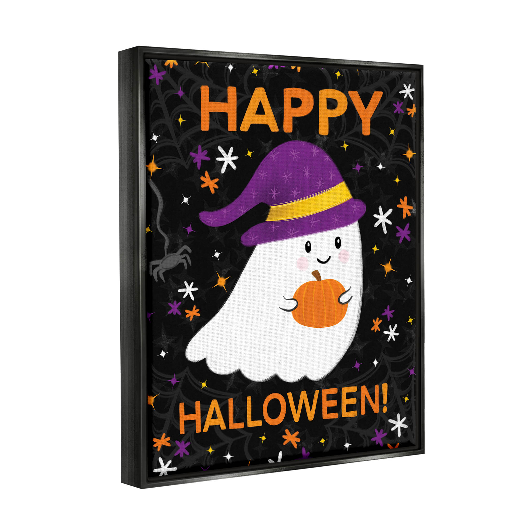 Stupell Industries Happy Halloween Happy Ghost Graphic Art Jet Black Floating Framed Canvas Print Wall Art, Design by Emily Cromwell