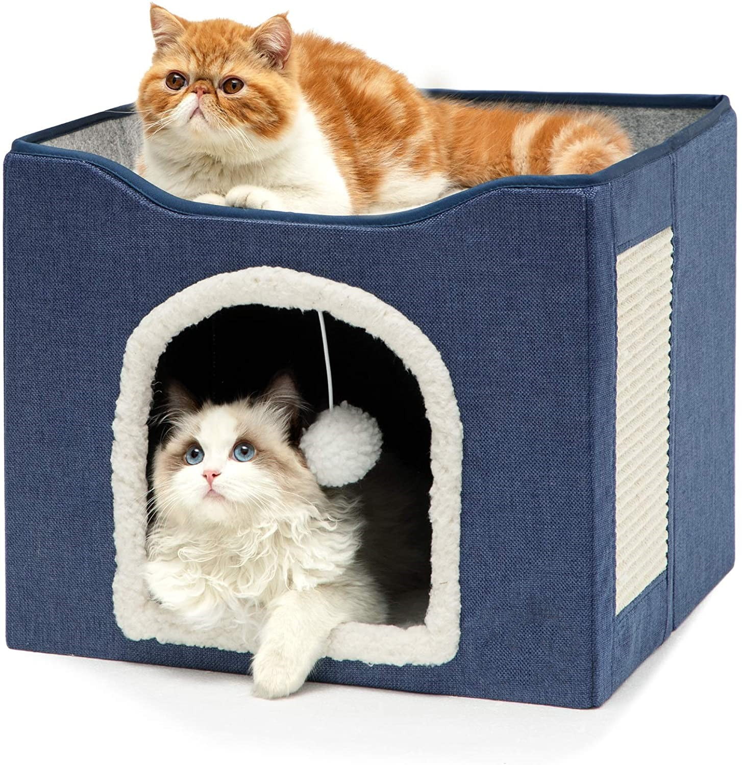 HDJ Cat Bed with Scratch Pad, Cat House with Fluffy Ball Hanging for Cat, Dog,Pets ,16.5x16.5x14