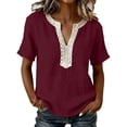 thumbnail image 2 of ClodeEU Women's Linen Blend V Neck Short Sleeve Top with Lace Trim ,Solid Color Casual Blouse Wine,Womens Plus L, 2 of 7