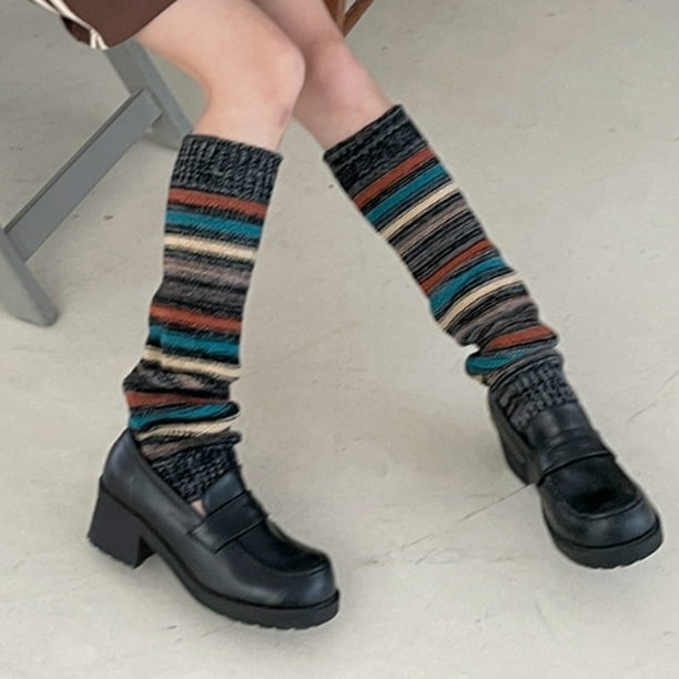 Horizontal Stripe Colour Blocking Women's Fashion Knitted Woolen Warm Sock  Covers Boot Covers Leg Warmers Girls Vintage Knit Footless Knee Highs Long