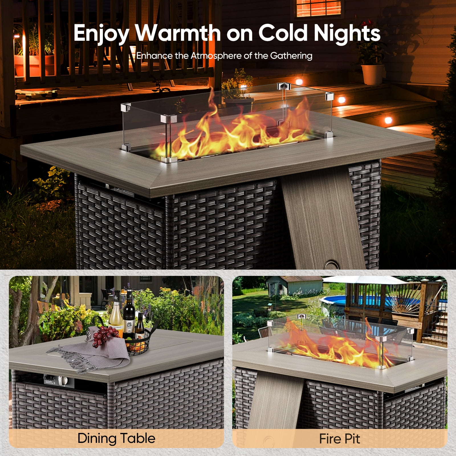 Gymojoy Brown 41 in. 50000 BTU Rectangular Wicker and Metal Propane Outdoor Dining Fire Pit Table with Glass Wind Guard Lid,Lava Rocks