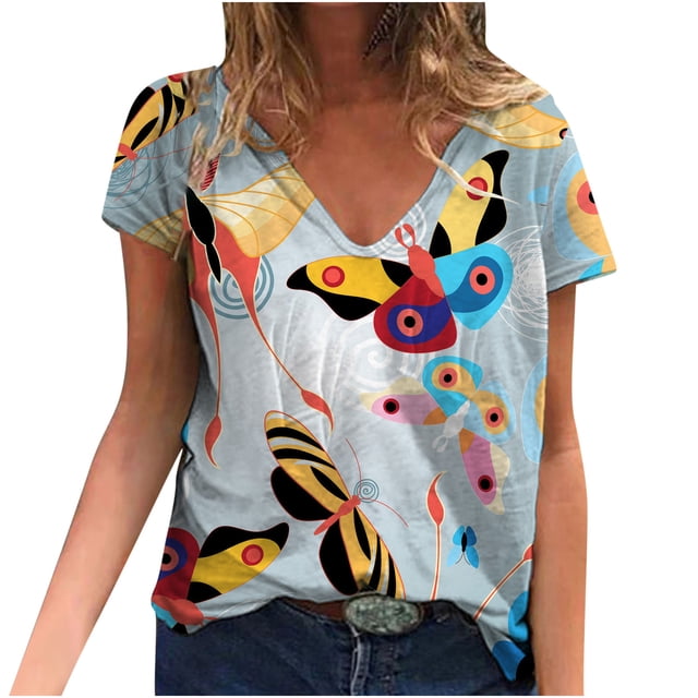 Blusa de manga corta con cuello en V informal para mujer a la moda, camisetas de verano Fridja bn3881