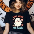 thumbnail image 3 of Will Work For Candy Ghost Cartoon Graphic Tee Unisex T-Shirt, Heliconia, Size M, 3 of 6