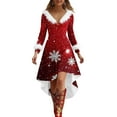 thumbnail image 2 of Jsaierl Womens Christmas Dresses Faux Fur Trim V-Neck Party Dress Holiday Long Sleeve A Line Dresses High Low Swing Dress, 2 of 5