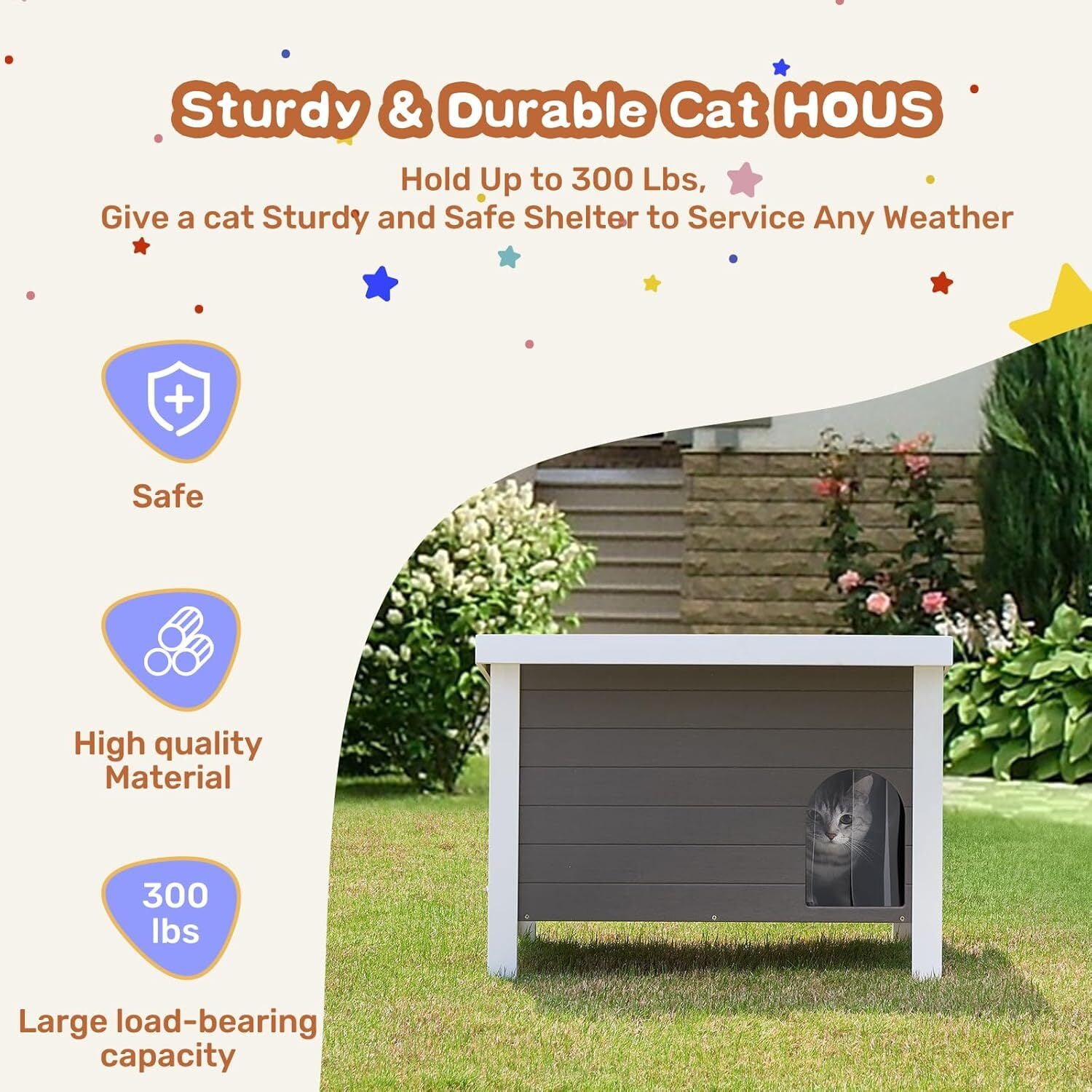 GONICHA Outdoor Cat House Weatherproof, Poly Lumber Cat Houses for Outdoor Cats Insulated, Feral Cat Shelter with Escape Door and Openable Roof ,Gray