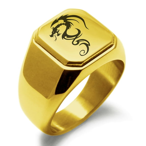 Stainless Steel Shadow Dragon Engraved Square Flat Top Biker Style Polished Ring