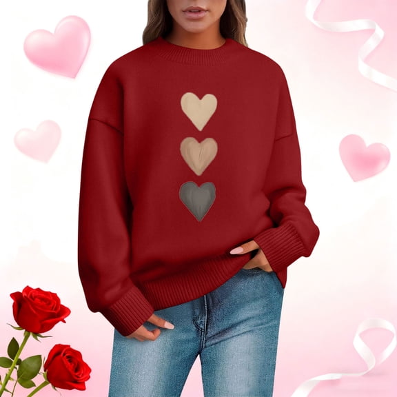 Ailaofu Women Y2k Valentines Oversized Knit Sweater Heart Print Long Sleeve Crew Neck Loose Pullover Tops Streetwear