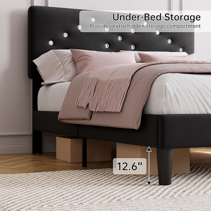 Full Size Bed Frame with Headboard, Upholstered Platform Bed Frames Full Size with Crystal Diamond Tufted for Teen Easy Assembly, Wooden Slats Support, No Box Spring Needed, Black