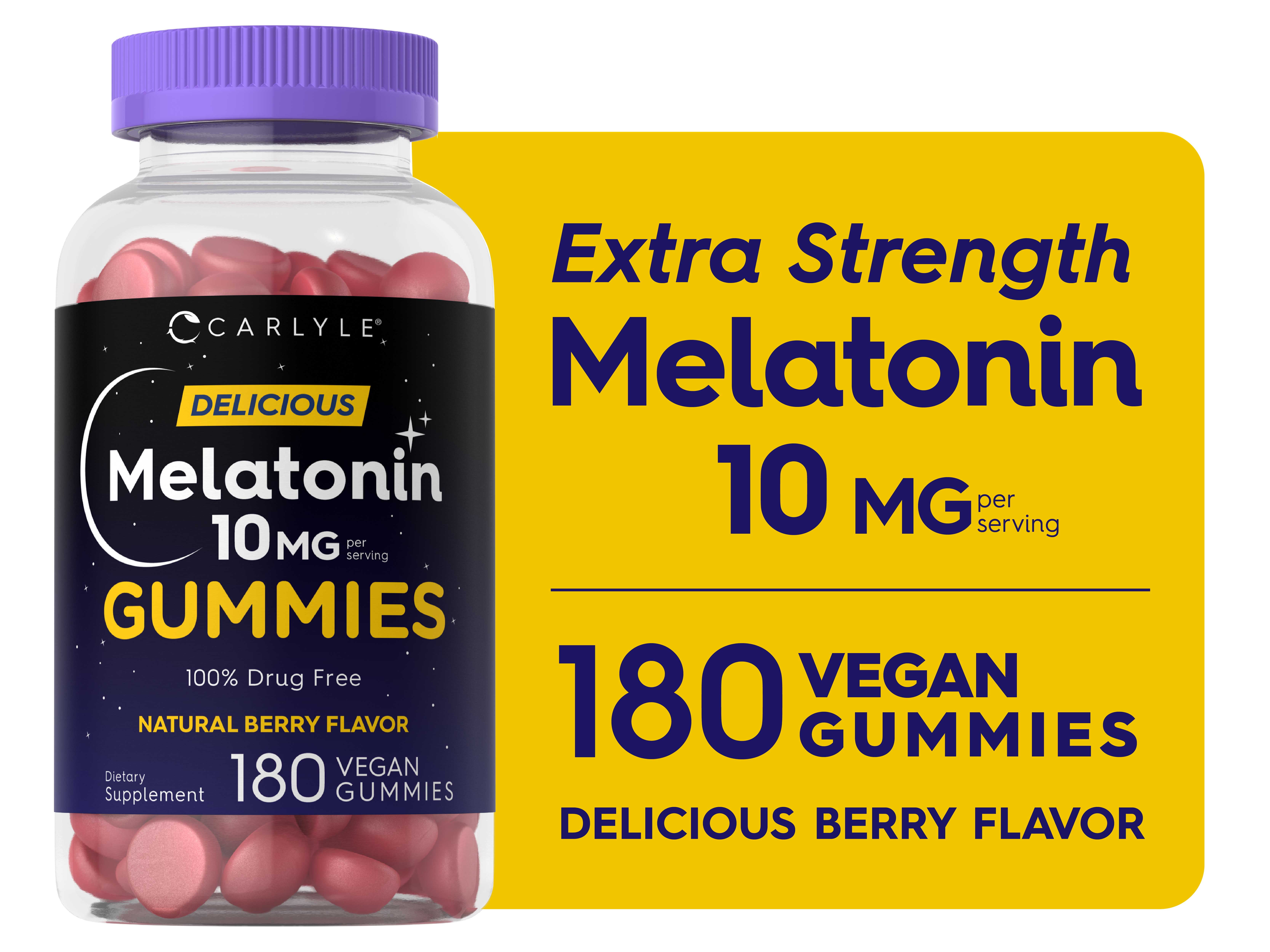 Melatonin Gummies 10mg | 180 Count  | Adult Nighttime Sleep Aid | Natural Berry Flavor | Vegan, Non-GMO, Gluten Free | by Carlyle