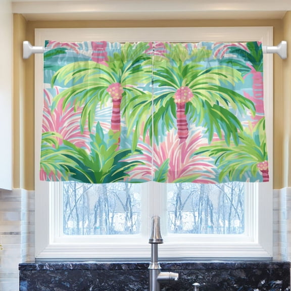 Ryvnso Palm Tree Summer Half Curtains Sets Tier 2 Panels Short Curtain Rod Pocket 27"W x 24"L