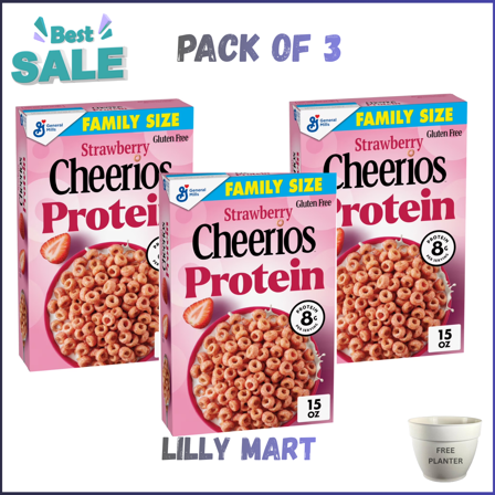 Cheerios Protein Cereal, Strawberry, 8g Protein, Family Size, 15 oz PACK OF 3